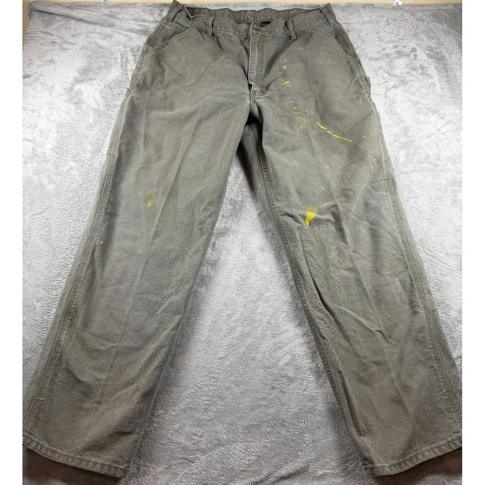 Carhartt Mens 38x34 Distressed Work Pants Gray Canvas Paint Utility (37x32)
